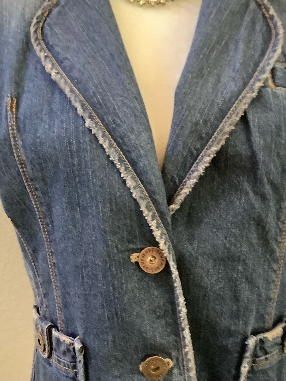 Dkny Dark Blue Denim Tailored Vest with Frayed Trim - Picture 3 of 4